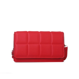 Red padded quilted leather crossbody bag with minimalist square design and adjustable strap
