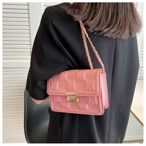 Detailed view of pink quilted chain bag featuring a rectangular gold metal lock closure