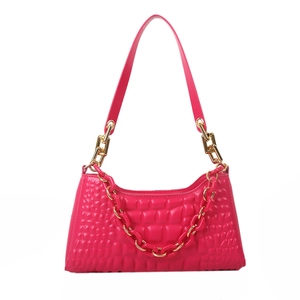 Fuchsia crocodile embossed underarm bag with gold chain and adjustable shoulder strap