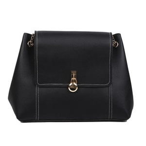 Classic black crossbody tote bag with white contrast stitching and gold buckle