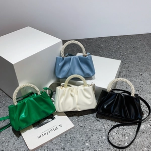 Pleated cloud bag for women with faux pearl handles in blue white green and black colors