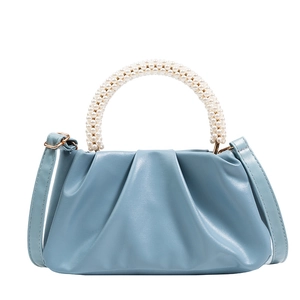 Light blue pleated cloud bag with elegant faux pearl handle and gold-tone hardware
