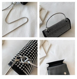 Detailed views of black rhinestone handbag featuring silver studs and metallic chain strap