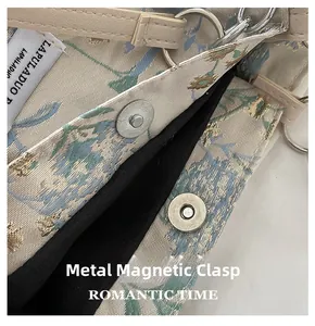 Close-up of floral embroidery fabric with silver magnetic snap button closure