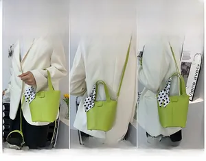Fluorescent green bucket bag shown in handheld, crossbody and shoulder styles with scarf