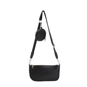 Black geometric embossed faux leather shoulder bag with round coin purse and gold hardware