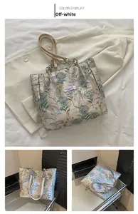 Detail of off-white tote bag with blue floral embroidery and leather chain handles