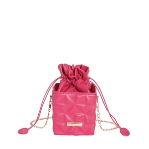 Chic magenta quilted bucket bag with golden chain strap and sleek metallic logo plate