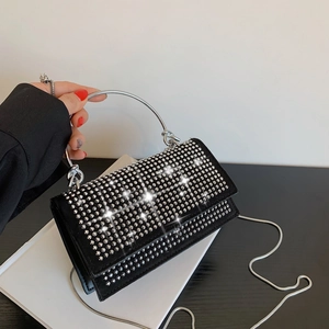 Rhinestone Small Square Crossbody Bag For Women Luxury Sparkling Chain Evening Handbag PU Leather Metal Handle Party Shoulder Bag
