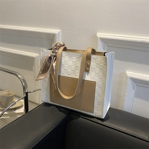 Women Large Capacity Checkerboard Tote Bag PU Leather Shoulder Bag With Silk Scarf Decor Fashion Underarm Casual Handbag