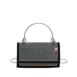 Sparkly black rhinestone square handbag with silver metal ring handle and chain strap
