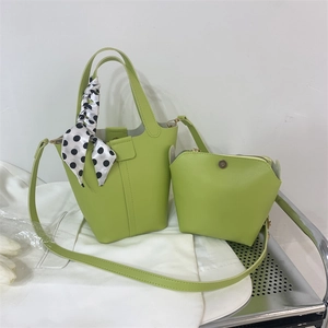 Fashion Women PU Leather Bucket Bag With Polka Dot Silk Scarf Decorative Handle Casual Handbag Shoulder Crossbody Bag