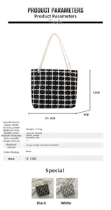 Detailed size chart for black and white checkered tote bag with rope handles