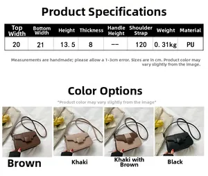 Detailed size specifications and color options for the minimalist PU leather crossbody bag