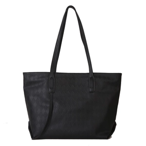 Black woven tote bag with Intrecciato texture and long handles on a white background