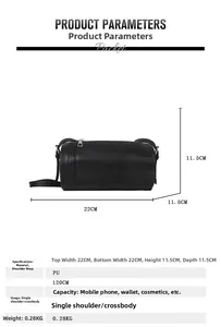 Detailed dimensions of black PU leather cylindrical crossbody bag with 22cm length