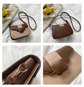 Detailed views of a retro brown and beige patchwork crossbody square bag with gold hardware