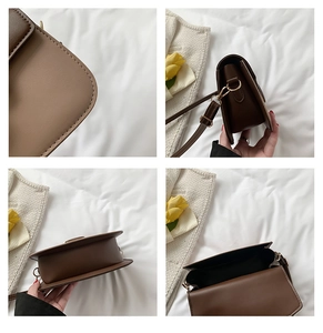Detailed views of a brown patchwork square crossbody bag with stitching and interior storage