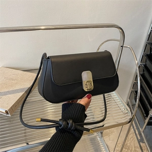 Vintage PU Leather Underarm Bag For Women Minimalist Solid Color Shoulder Bag With Gold Metallic Lock Knotted Strap Fashion Handbag