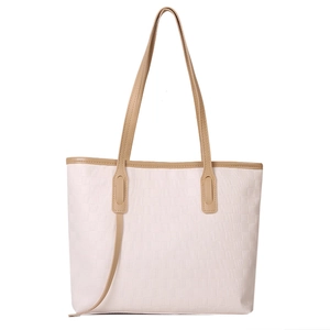 Large capacity tote bag with checkerboard pattern in beige and brown color blocking