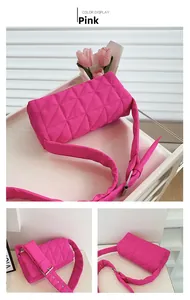 Detailed views of a pink quilted crossbody bag with adjustable wide shoulder strap