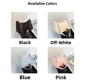 Detail showing checkered textured shoulder bags with metallic chain in four color options