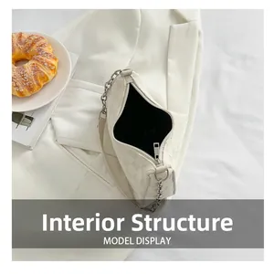 Internal structure of white checkered shoulder bag with silver zipper and black lining