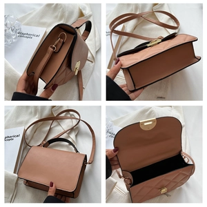 Detail views of pink quilted crossbody bag with metal handle and golden turn-lock