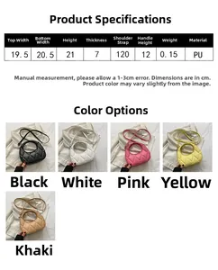 Size chart for quilted PU dumpling bag showing dimensions and multiple color options