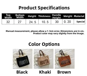 Detailed size chart for the large tote bag showing dimensions and three color options