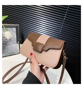 Detail of two-tone brown and beige shoulder bag with flap and square buckle hardware