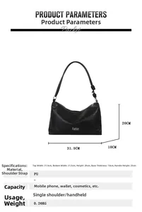 Detailed dimensions and grid texture of black PU leather shoulder bag with fashion logo