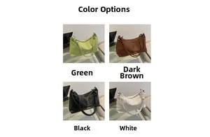 Collage of four minimalist shoulder bags in green, dark brown, black, and white colors