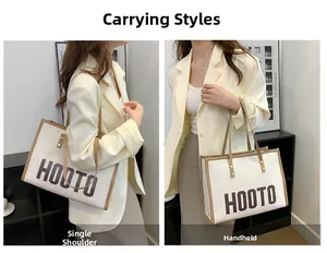 Détails montrant les façons de porter le sac cabas HOOTO en toile à l'épaule et à la main