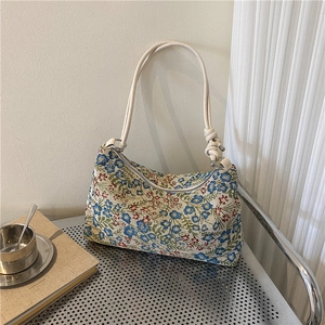French Retro Floral Jacquard Hobo Shoulder Bag For Women Vintage Underarm Bag With Knot Strap Casual Travel Handbag Nylon Bag