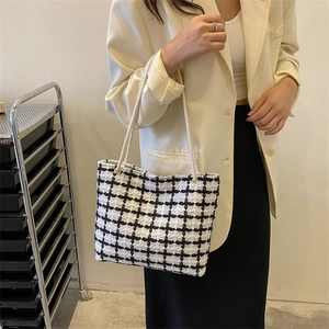 Chic black and white checkered woven tote bag with rope handles for women daily commute