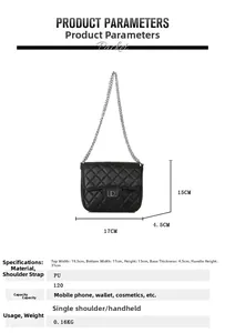 Detail view of black quilted PU leather crossbody bag with silver chain and dimensions