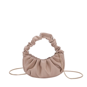 Chic apricot ruched cloud bag with half-moon shape and gold chain strap for women