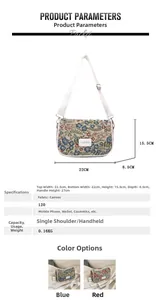 Detailed size chart and specifications for the floral canvas shoulder bag showing dimensions