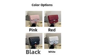 Detail view of quilted chain crossbody bags in pink, red, black, and white colors
