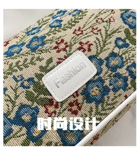 Detailed macro view of ethnic style woven fabric and fashion tag on the shoulder bag