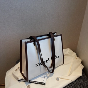 Borsa Tote in Pelle PU da Donna Grande Capacità Stampa Lettera Sweet Life Colore a Contrasto Borsa a Spalla Per Pendolarismo