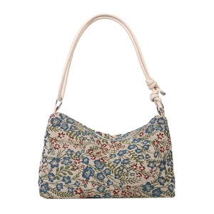 Retro floral jacquard underarm bag with cream leather strap and chic metal chain link