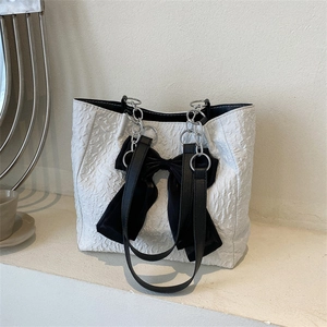 Sac Cabas Femme Mode Plissé avec Nœud Nylon Couleur Contrastée Grande Capacité Sac à Bandoulière Décontracté avec Chaîne