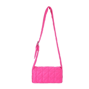 Rose pink quilted nylon shoulder bag with adjustable strap and trendy square pattern
