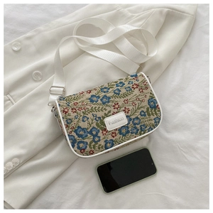 Floral crossbody bag detail with jacquard fabric and fashion label on a blazer