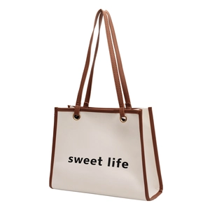 Borsa tote in pelle bianca con bordo marrone e stampa sweet life per uso quotidiano