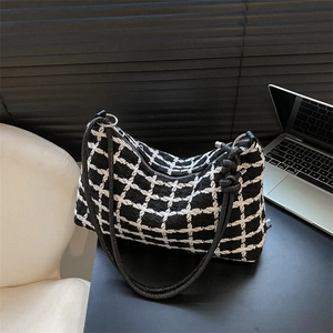 Fashion Women Plaid Tote Bag Nylon Woven Shoulder Bag Large Capacity Checkered Retro Minimalist Underarm Messenger Bag