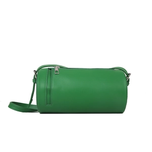 Minimalist green cylindrical crossbody bag in matte leather with silver zipper details