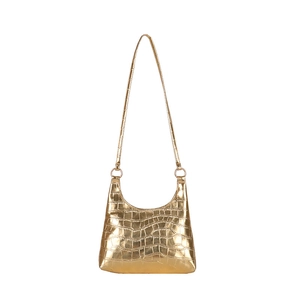 Chic gold tote bag with stone pattern embossing and metallic finish on white background